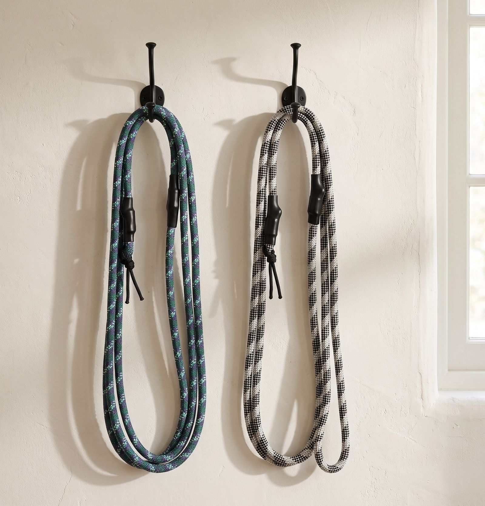 Forest and Granite slip leads hanging on wall hooks