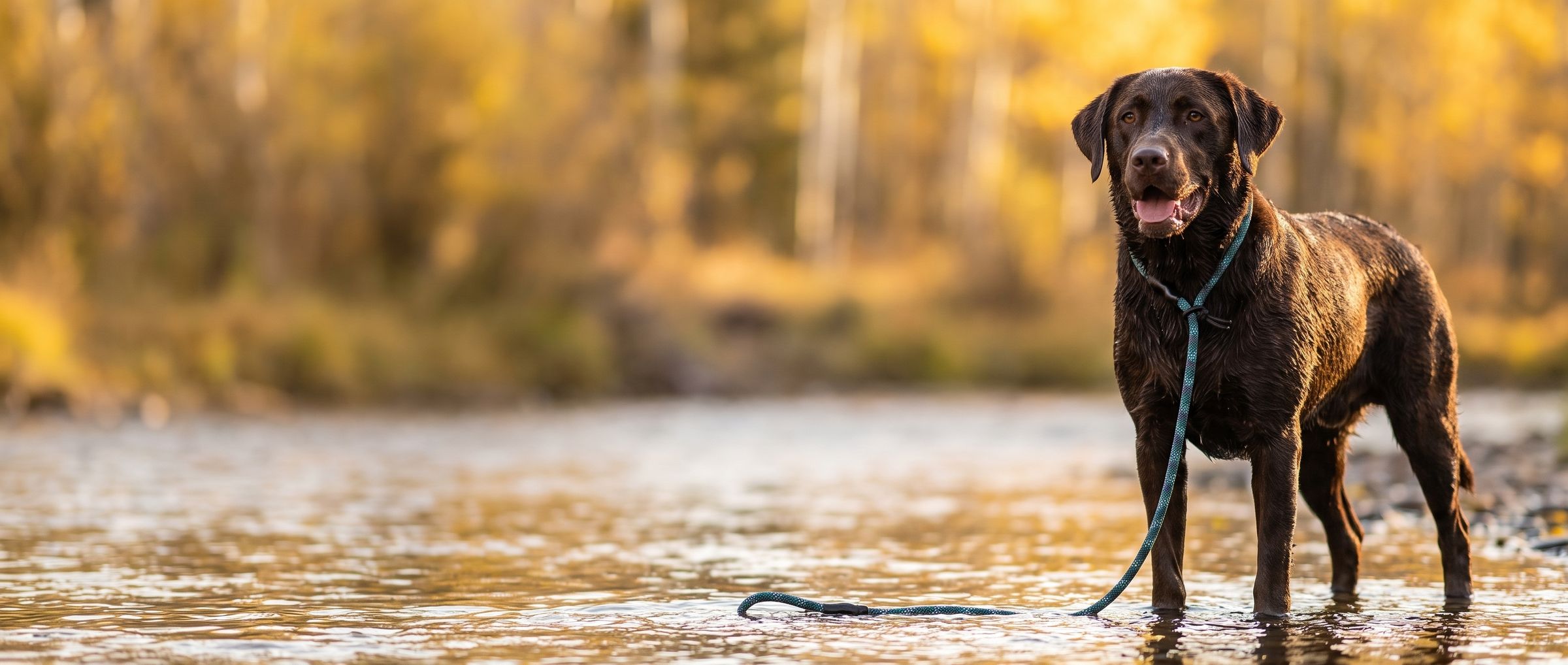 Chocolate Labrador standing in a creek wearing a Forest slip lead