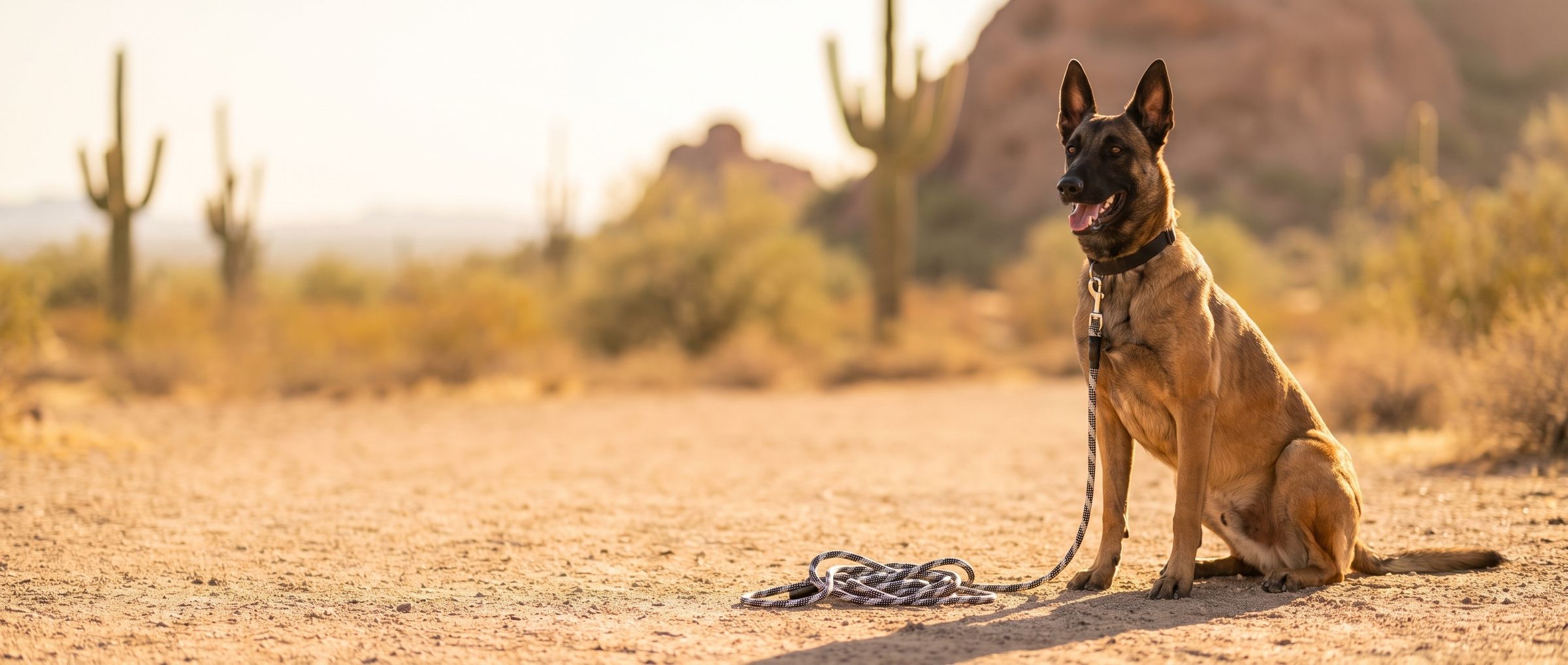 Belgian Malinois sitting on a desert trail with a Granite clip lead