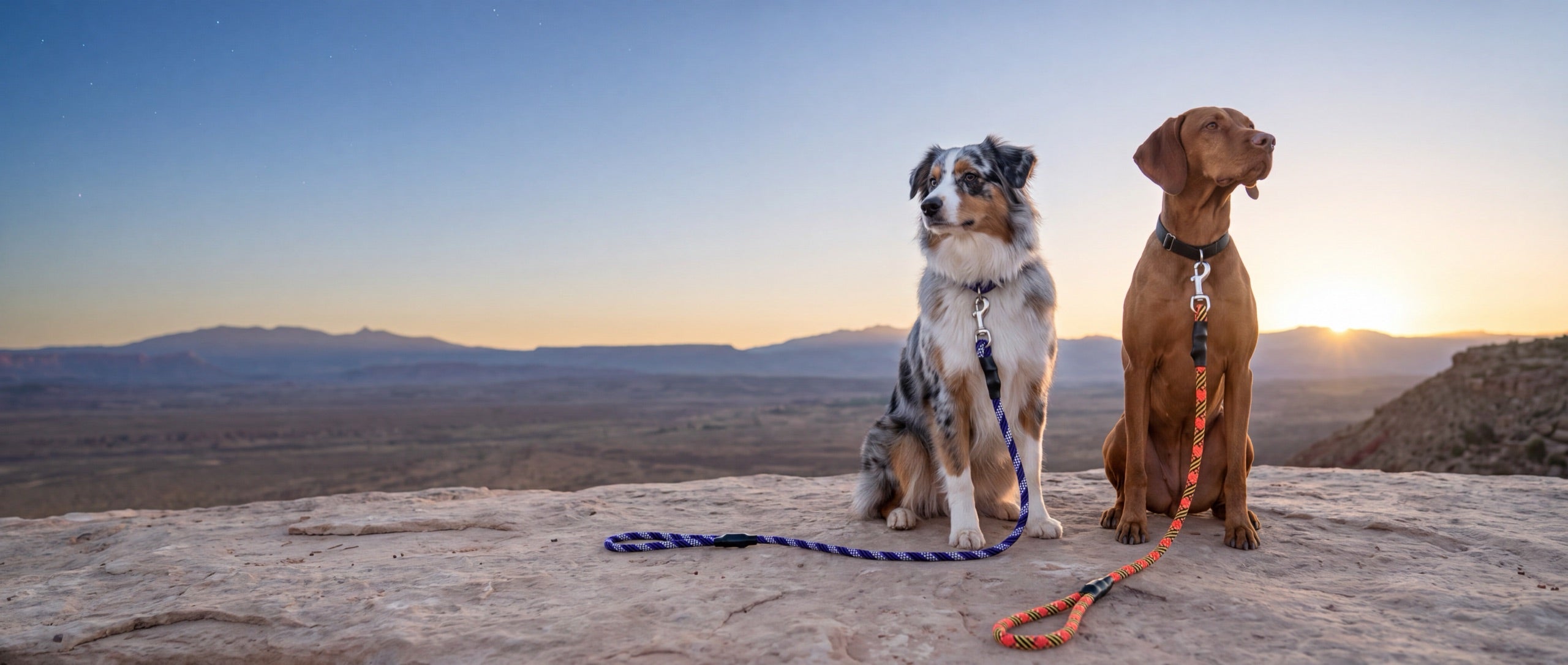 Australian Shepherd on a Nebula leash and Vizsla on a Sunburst leash sitting on a desert overlook at first light