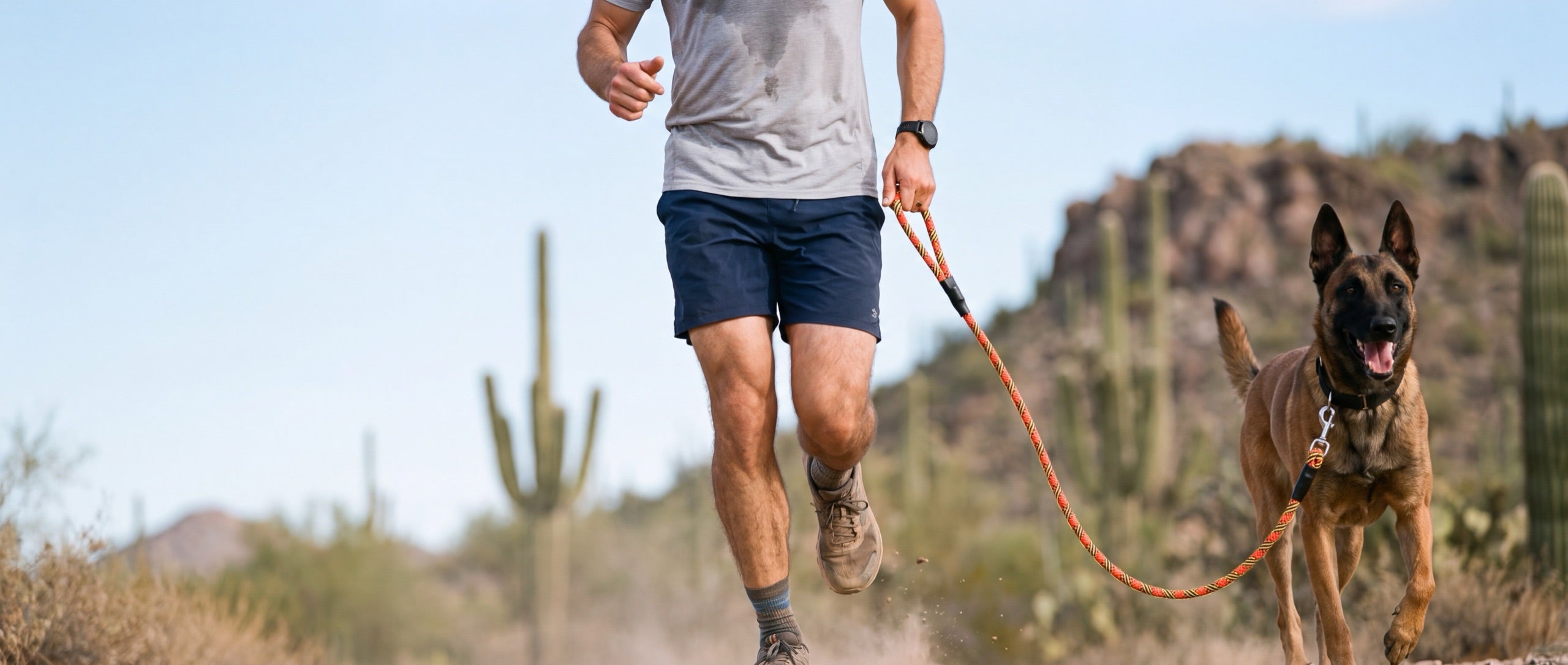 Runner with a Belgian Malinois on a Sunburst leash on a desert trail