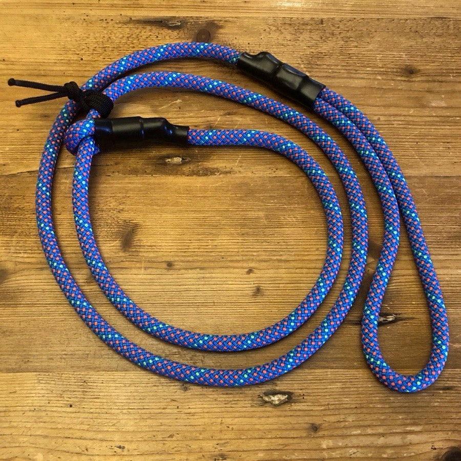 A Mountain Dog slip lead made from blue climbing rope